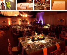 a collage of photos showing different types of tables and chairs in a banquet hall