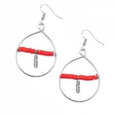 Red Free Bird Freedom Earrings. Has A Dainty Silver Feather Charm, Dainty Row Of Red Rubbery Discs Which Are Threaded Along A Metallic Rod Inside An Airy Silver Hoop For A Free Spirited Fashion. Earrings Attach To A Standard Fishhook Fitting. Bird Freedom, Free Bird, Crafts Jewelry, Feather Charms, Silver Feather, Diy Crafts Jewelry, Paparazzi Jewelry, Free Spirited, Silver Hoops