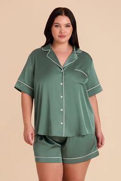 Our Jonny PJ set sparkles more than ever in silky satin. Available in Eucalyptus. Our Jonny PJ set sparkles more than ever in silky satin. | Eucalyptus Getting Ready Satin Size Large | Birdy Grey Jonny Pajama Set Green Pajamas, Silk Pjs, Satin Pajama Set, Birdy Grey, Satin Pajama, Satin Pyjama Set, Satin Pajamas, Pj Sets, Birdy