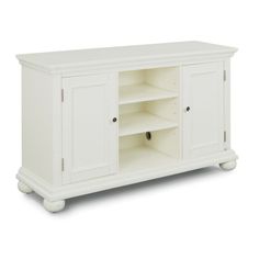 a white entertainment center with two doors and shelves on one side, an open shelf to the other