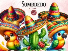 two colorful birds wearing sombreros and hats