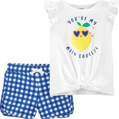 Designed With A Cute Slogan And A Tie-Front Design, This Top Sits Pretty Over Coordinating Gingham Shorts. Brand New In Original Packaging From Carter's! Features: - 2-Piece Set - Flutter Sleeves - Ribbed Neckline - Tie-Front Design - Screen-Printed Lemon And "You're My Main Squeeze" Slogan - Covered Elastic Waistband For A Comfy Fit - Non-Functional Drawstring - Allover Gingham Print Fabric & Care: Top: 100% Cotton Lightweight Jersey Shorts: 100% Cotton French Terry Cute Gingham Sets For Summer, Yellow Gingham, Main Squeeze, Gingham Shorts, Baby Cover, Cool Graphic Tees, Gingham Print, Front Tie Top, Ribbed Neckline