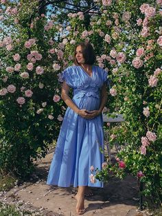 Momyknows Blue 3D Flowers Fleated Drawstring Big Swing Deep V-neck Elegant Holiday Vacation Maternity Photoshoot Baby Shower Maxi Dress Blue V-neck Maternity Dress, Spring Cotton Maternity Dress, Blue Cotton Maternity Dress, Blue Maternity Dress Photo Shoot, Baby Shower Dress Blue, Modest Maternity Dresses, Maternity Wedding Guest Dress, Blue Baby Shower Dress, Maternity Shoot Dress