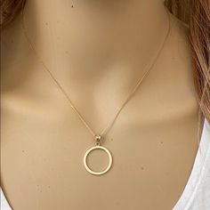 10k Solid Gold Eternity Circle Of Life Pendant Necklace Item No.: Ba94 Metal Type: 10k Solid Yellow Gold (Also Available In 14k Solid Gold) Metal Color: Yellow Gold. (Also Available In White Gold And Rose Gold) Pendant Only Weight: 1.1 Grams With Chain Weight: 2.1 - 2.3 Grams (Vary From Chain) Pendant Height With Bail: 1.1" Pendant Width: 0.77" Ring Diameter : 19.4 Mm. Chain Available In 16", 18", 20", 22" Note: Made In Usa. Please Allow 10-15 Days To Be Shipped 14k Yellow Gold Circular Jewelry, Sterling Silver Open Circle Jewelry In Yellow Gold, Fine Jewelry In Gold With Open Circle Design, Gold Open Circle Fine Jewelry, Fine Gold Jewelry In Open Circle Shape, Fine Gold Jewelry With Open Circle Design, Fine Jewelry Gold Open Circle, Gold Sterling Silver Halo Jewelry, 14k Yellow Gold Full Circle Jewelry