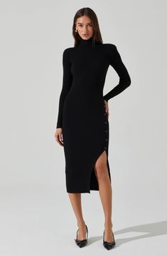 Sweater midi dress
Mock neck, shoulder padding
Decorative buttons on left side placket
Dry clean only
50% Viscose, 28% Polyester, 22% Nylon
Style #ACDR102484 Bodycon Dress Winter, Black Tie Bridesmaids, Sweater Midi Dress, Black Sweater Dress, Astr The Label, Long Sleeve Sweater Dress, Sweater Dress Midi, Decorative Buttons, Long Sleeve Bodycon Dress