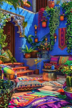 a room filled with lots of colorful furniture and potted plants on the side of it