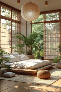 a large bed sitting in the middle of a room next to two plant filled windows