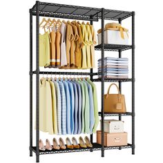 PRICES MAY VARY. [LARGE CAPACITY]: The whole shelf can hold approx. 630lbs weight. 78.3 inches height can offer large space to hang most of your clothes. The side shelves can be placed for some folded clothing and organization boxes [MULTIFUNCTIONAL]: The garment rack used for hanging dresses, suits, coats, T-shirts, pants, and so on. Assemble the first shelf little higher from the ground if you need to store items under the shelf. Take advantage of the top shelf can help you store some items wh Hanging Dresses, Free Standing Closet, Side Shelves, Garment Rack, Storage Closet Organization, Plastic Clips, Garment Racks, Clothes Rack, Organization Boxes