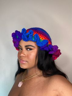 This  Rainbow Crochet Ruffled Bucket Hat is made with 100% acrylic yarn.  Perfect for the spring and summer, also can be used as a cute head accessory for outfits, outings or any activities. Machine wash on gentle cycle, dry on low heat long use of hat. THIS MATRIAL HAS A SLIGHT STRETCH Measurement of head circumference  small adult (19-20inches) medium adult (21-23inches) large adult (24-25inches) Rainbow Crochet Bucket Hat, Rainbow Crochet Hat, Bob Crochet, Cute Crochet Bucket Hat, Cute Pride Outfits, Swag Hats, Crochet Ruffle, Crochet Hat For Women, Crochet Bucket Hat