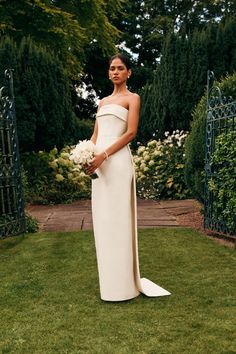 Keeley Bridal Dress with Marina Train in Ivory Double Cloque | Emilia Wickstead Bridal Dress Ideas, Opal Dress, Groom Style Wedding, Minimal Wedding Dress, Second Dress, Ceremony Dress, Contemporary Bride, Classic Glamour, Sisters Dress