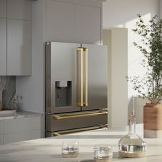 a modern kitchen with stainless steel appliances and marble counter tops, including a large potted plant