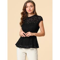 This all-lace top brings elegance to whatever outfit you're putting together. This stylish embroidered lace blouse features crochet lace, a keyhole back with button closure, a trendy round collar design with lace, and a peplum style, and it's great for daily wear, which makes you charming and cool, and is particularly suitable for summer tops. Perfectly pair it with jeans or a skirt for an exquisite look. Black Lace Top With Crew Neck, Elegant Black Top With Scalloped Lace, Elegant Black Tops With Scalloped Lace, Black Lace Top With Short Sleeves, Black Lace Short Sleeve Tops, Elegant Black Scalloped Lace Top, Chic Black Top With Scalloped Lace, Elegant Lace Crew Neck Top, Black Top With Lace Short Sleeves