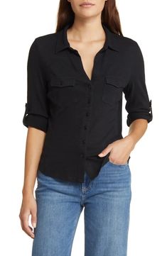 Caslon® Roll Tab Knit Shirt | Nordstrom Spain Outfit, Ageless Style, Blouse Nordstrom, Knit Shirt, Classy Outfits, Black Shirt, Top Shirt, Cotton Blend, Nordstrom