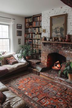 a living room filled with lots of furniture and a fire place in the middle of it