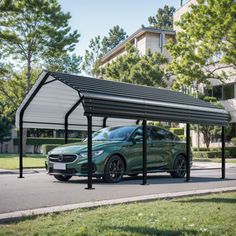 a green car parked in front of a metal carport on the side of a road