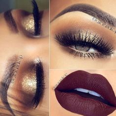 the gold & dark lips ahhh *heart eyes*                                                                                                                                                                                 More Holiday Party Makeup, Lips Color, Different Makeup Looks, Party Makeup Looks, Smink Inspiration, Makijaż Smokey Eye, Holiday Makeup, Christmas Makeup, Gold Eyes