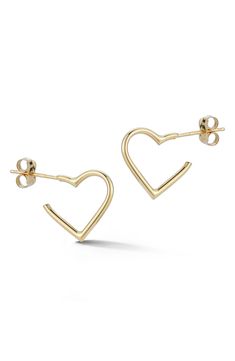 Warm 14-karat gold keeps your look classic with hoop earrings in the shape of a heart. 0.55" drop Post back 14k-gold Made in Turkey Classic Gold Open Heart Earrings, Tarnish Resistant Yellow Gold Open Heart Earrings, Yellow Gold Tarnish Resistant Open Heart Earrings, Yellow Gold Open Heart Earrings Tarnish Resistant, Small Hoop Yellow Gold Earrings For Valentine's Day, Elegant Everyday Huggie Earrings For Valentine's Day, Elegant Valentine's Day Huggie Earrings, 14k Yellow Gold Hoop Heart Earrings, Gold Open Heart Huggie Earrings For Anniversary