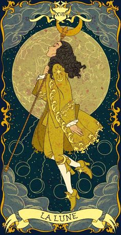 an illustration of a woman in yellow dress holding a wand and standing on top of the moon