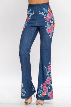 High Waisted Denim Print Hippie Pants, spandex/poly Floral Trousers, Denim Print, Hippie Pants, Print Denim, Bell Bottom Pants, Fabric Floral, High Rise Pants, Printed Denim, Denim Flares