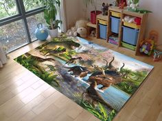 an area rug with dinosaurs and other animals on it