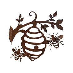 a metal wall hanging with two bees and a beehive