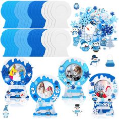 a set of blue and white plates with snowmen on them, surrounded by other decorations