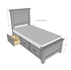 a bed frame with drawers underneath it and measurements for the headboard on each side