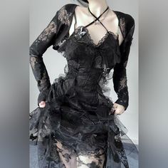 Black Butterfly Midi Dress, With Black Butterfly Lace Blouse. Fashion And Sexy. Unused. Like New. Size(Us4-6) Goth Slip Dress, Elaborate Dresses, Black Butterfly Dress, Swag Fits, Goth Dresses, Witchy Clothing, Club Attire, Butterfly Lace, Trad Goth