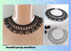 three pictures of necklaces on display with the words beaded party necklace written below