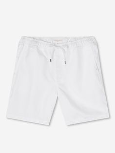 Our Sydney shorts in white are cut for a regular fit for the perfect, warm weather ready style. We have developed a mid-weight, beautifully soft and breathable pure linen that will keep you cool and comfortable in even the hottest of conditions. This made in Italy fabric is finished by being piece-dyed before construction for a bright and vibrant pure white. The Sydney short features a curved back yoke for a great fit and an elasticated waistband with drawcord for comfort. The front of the short White Bermuda Shorts With Built-in Shorts For Vacation, White Bermuda Shorts With Pockets For Summer, Classic White Bottoms With Built-in Shorts, Classic White Cotton Bermuda Shorts, White Relaxed Fit Bermuda Shorts, White Bermuda Shorts For Summer Vacation, Casual White Cotton Shorts, White Relaxed Fit Cotton Bermuda Shorts, Classic White Bermuda Shorts For Summer