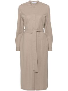 almond beige band collar long sleeves buttoned cuffs fabric-covered buttons pleat detailing to the sleeve belt loops detachable and adjustable waist tie mid-calf length straight hem front button fastening Bohemian Wedding Guest, Shirt Midi Dress, Harris Wharf London, Planet People, Versace Outfit, Yoko London, City Dress, Sustainable Practices, Fabric Covered Button