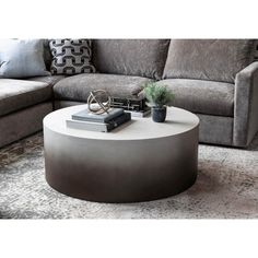 a living room with a gray couch and coffee table