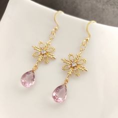 Gorgeous Kunzite Cross Earrings, perfect as a birthday gift for your wife. Handmade with Faceted Kunzite Teardrop Beads, 14K Gold Plated Cubic Zirconia Cross Connectors and ear hooks. Nickel free, suitable for sensitive skin. Measurements --------------------- Main stone dimensions (height x width x depth): 1.2 x 0.8 x 0.5 cm / 0.47 x 0.31 x 0.2 inches Total Length: 5.3 cm / 2.1 inches * Please allow 0.1 - 0.5 cm difference due to manual measurement.  Weight: Approx. 2 g / 0.07 oz. each side Not Elegant Drop Earrings For Mother's Day, Elegant Dangle Jewelry For Mother's Day, Elegant Crystal Earrings Designed As A Gift, Elegant Teardrop Jewelry For Mother's Day, Mother's Day Formal Drop Earrings Jewelry, Rose Gold Crystal Earrings As A Gift, Elegant Drop Crystal Earrings For Gift, Rose Gold Crystal Earrings For Pierced Ears As Gift, Vintage Drop Earrings With Matching Set