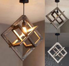 three different types of light fixtures hanging from the ceiling, one is made out of wood and