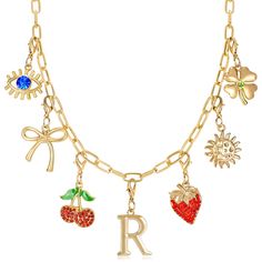 PRICES MAY VARY. Personalized Letter R Pendant: This Initial Charm Necklace is designed with a stunning Letter R pendant that serves as a beautiful and personalized centerpiece. The letter can represent the wearer’s first name, a loved one, or any significant meaning that resonates with the individual. The elegant and stylish design of the Letter R adds a unique touch to the overall necklace, making it not just an accessory but a cherished piece of personal expression. Versatile and Removable Charms for Endless Combinations: Crafted from high-quality alloy, this Initial charm necklace features a variety of beautifully designed removable charms, each showcasing exceptional oil dripping and glass diamond craftsmanship. The flexibility to swap out the charms allows wearers to customize their Personalized Pendant Necklace, The Letter R, Cherry Strawberry, Charms Necklace, Personalized Pendant, Necklace Making, Letter R, Evil Eye Pendant, Jewelry Birthday