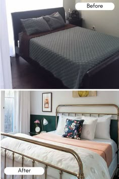 before and after photos of a bed in a bedroom