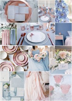 a collage of pink, blue and white wedding colors with flowers on the table