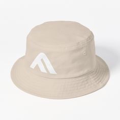 a beige hat with white logo on the front and side, sitting against a white background