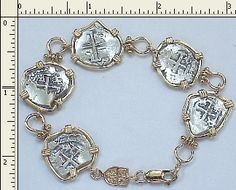 #4-831 Replica   1/2 Reale Ladies Bracelet  14K Solid Gold Bezel  Five Atocha Silver Coins  $800.00 Ladies Bracelet, Jewelry Tutorials, Solid Gold, Jewelry Design, Charm Bracelet