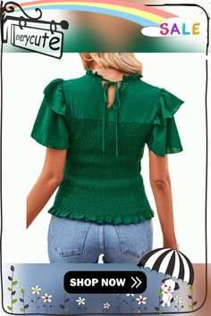 Green Drawstring Ruffle Short Sleeve Pleated Blouse Non-stretch Ruffle Puff Sleeve Tops, Non-stretch Puff Sleeve Top With Ruffles, Non-stretch Ruffled Puff Sleeve Tops, Trendy Stretch Blouse With Ruffles, Summer Non-stretch Ruffled Blouse, Green Puff Sleeve Tops With Ruffles, Green Puff Sleeve Top With Ruffles, Green Puff Sleeve Blouse With Ruffles, Stretch Blouse With Ruffles For Spring