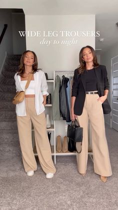 Style Cream Trousers, Trouser Look Women, Trouser Styling Women, Work Outfits Beige Pants, Kakis Wide Leg Pants Outfit Women Style, Casual Outfits With Trousers Women, What To Wear With Beige Trousers, Smart Wide Leg Trousers Outfit, H&m Trousers Women