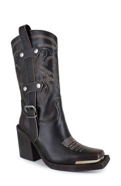 A snipped toe boasting a gleaming hardware plate refreshes the classically Western design of a water-resistant cowboy boot detailed with bold topstitching and buckled side straps. 3 1/2" heel; 1" platform 12 1/2" shaft; 11 1/2" calf circumference. Narrow calf Pull-on style Leather upper, lining and sole Made in Italy Western Style Moto Boots Ankle Cut Medium Width, Western Mid-calf Boots With High Stacked Heel, Western Moto Boots With Stacked Heel, Western Style Moto Boots With Stacked Heel, Western Heeled Boots With Reinforced Heel, Western Boots With Stacked High Heel, Pointed Toe Mid-calf Boots With Reinforced Heel For Rodeo, Western High Heel Boots For Rodeo, Western Closed Toe Boots For Western-themed Events