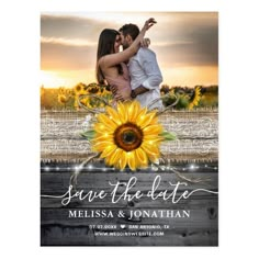 save the date photo with sunflowers and red, yellow, and black background