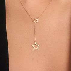 "Sparkles with the starry sky! Open double stars Y necklace made of 14k solid gold will catch the eye of all for sure. Perfect gift for an anniversary, birthday, or just a lucky Friday. Choose your own day, gift in your own way. D E T A I L S * Made to Order. * 100% 14k Solid Gold * Choice of Gold Color: Yellow Gold, Rose Gold, White Gold * Pendant Height: 7 mm / 0.27 inch * Pendant Width: 7 mm / 0.27 inch * Length: 14\", 16\", 18\", 20\", 22\" (Got a little note that can help you in the photos. Star-shaped Lariat Necklace With Adjustable Chain As Gift, Gift Lariat Necklace With Star Charm, Lariat Necklace With Star Charm For Gift, Lariat Necklaces With Star Charm For Gift, Elegant Star Lariat Necklace Gift, Elegant Star-shaped Lariat Necklace Gift, Gold Lariat Necklace With Star Charm, Elegant Star-shaped Lariat Necklace, Gold Jewelry Gift