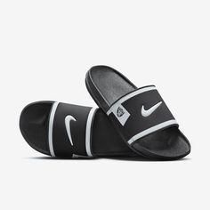 Rep the Las Vegas Raiders all the way down to your feet in these Offcourt slides. A cushioned synthetic leather strap features your team's logo, while an innovative foam midsole makes this slide so comfy, you’ll never want to take it off. Nike Black Slide Sandals, Nike Black Open Toe Slides, Nike Open Toe Slides For Streetwear, Sporty Slip-on Slides For Sports, Sporty Synthetic Sandals For Leisure, Casual Synthetic Slides That Are Fade-resistant, Non-slip Synthetic Slides, Black Fade-resistant Open Toe Slides, Black Synthetic Slide Sport Sandals