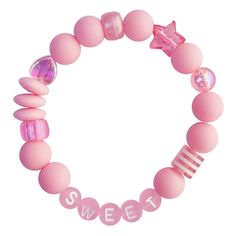 Add a sweet accent to your outfit with this adorably vibrant wrist candy. Stretchy letter bracelet with pink gumball beads & iridescent shapes