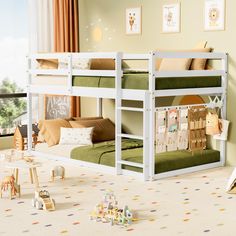 a child's bedroom with bunk beds and toys on the floor in front of it