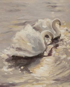 a painting of two swans in the water