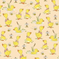 yellow ducks and bees on pink background with grass, flowers and beehivees