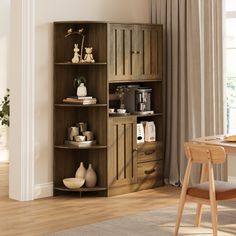 an open bookcase in the corner of a room